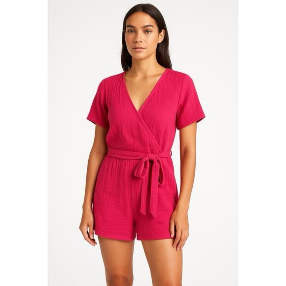 Monrow Raspberry Fuchsia Short Sleeve Wrap Romper